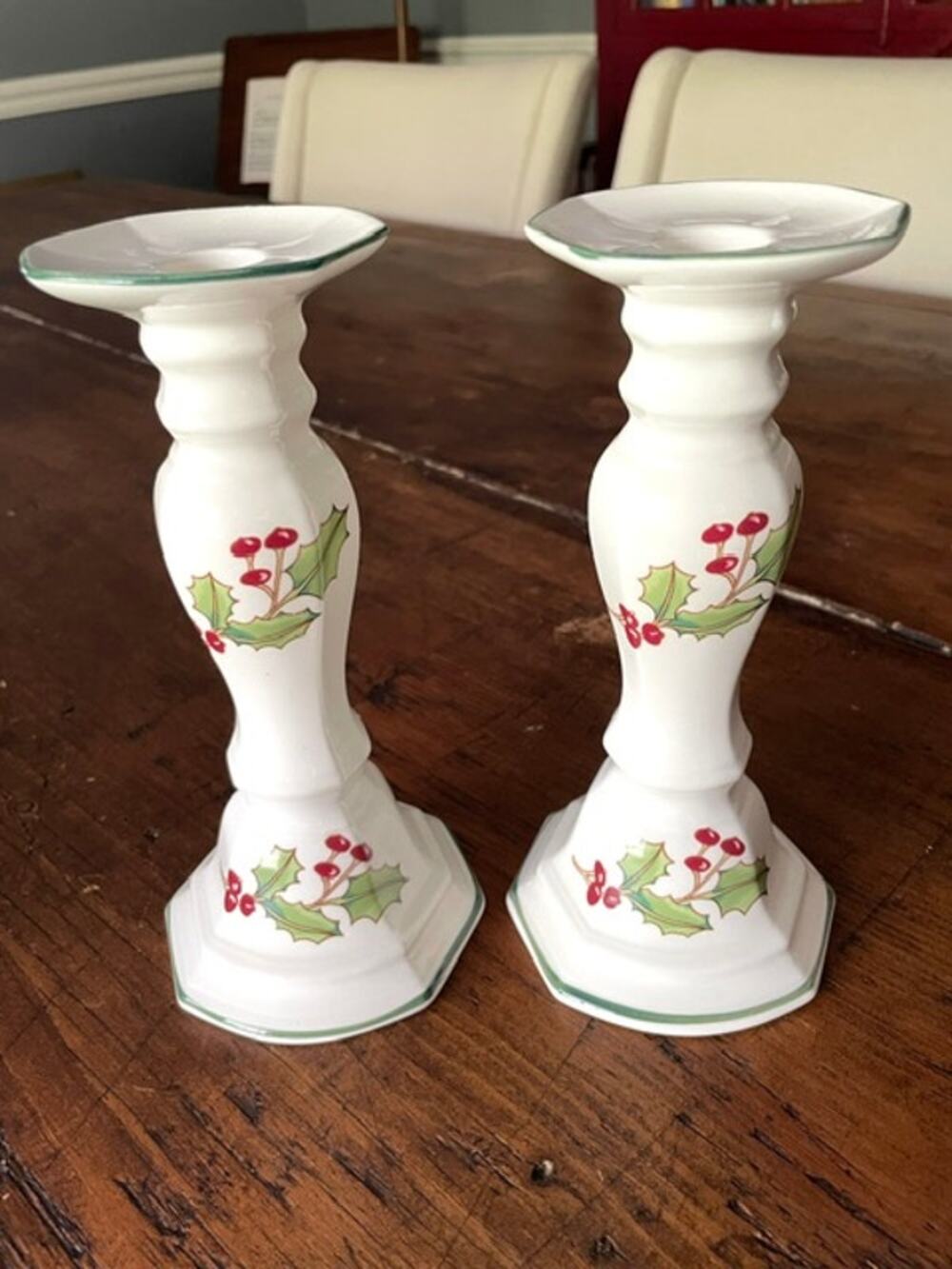 Vintage White Christmas Japan Holly Berry Ceramic Candlesticks Pair Holiday